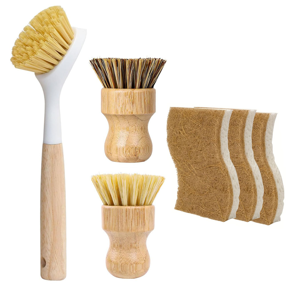 Dish Brush Bamboo - 6개의 대나무 설거지 브러쉬 & 스펀지
